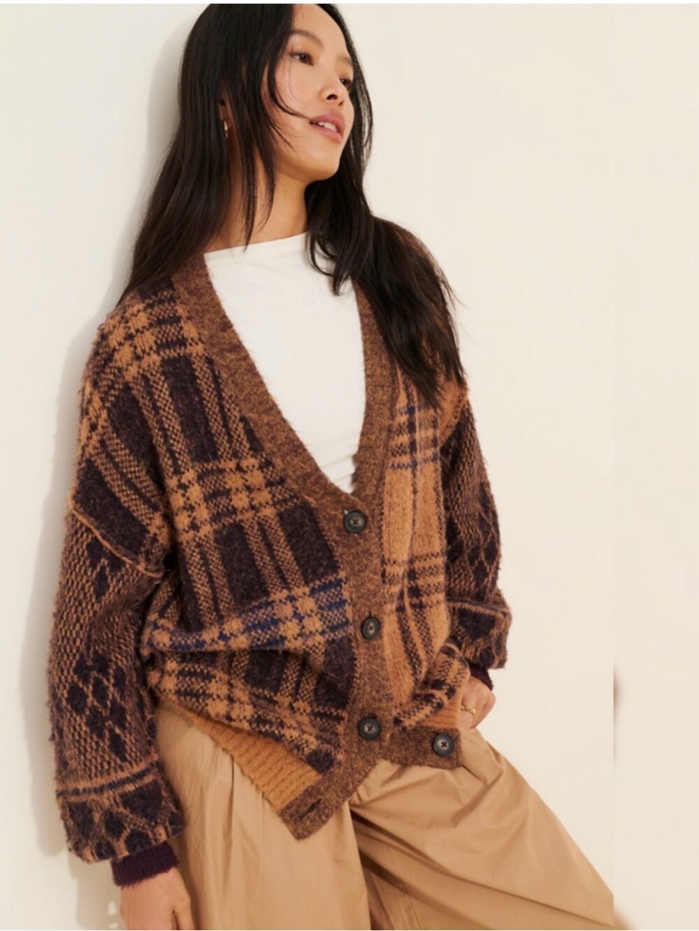 Free People Cozy Plaid V-Neck Cardigan Sweater in Brown